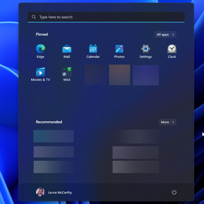 Image of the Start menu on Windows 11, which uses a Mica backdrop.